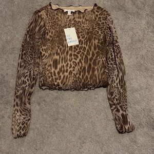 See You Monday Brown Leopard Print Mesh Long Sleeve Crop Top